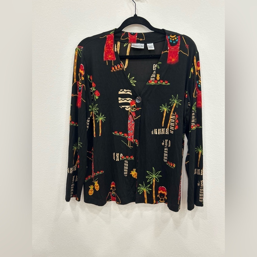 Chico’s travelers slinky knit button cardigan artsy tropical print sz.2 resort - Picture 2 of 7